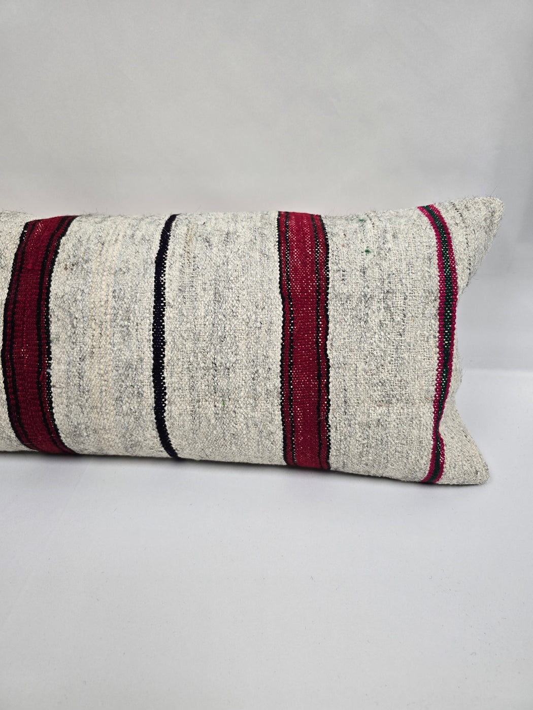 Turkish Lumbar Rug Pillow Cream Burgundy Green Cushion Cover Hemp Pillow 14" x 40" #9466