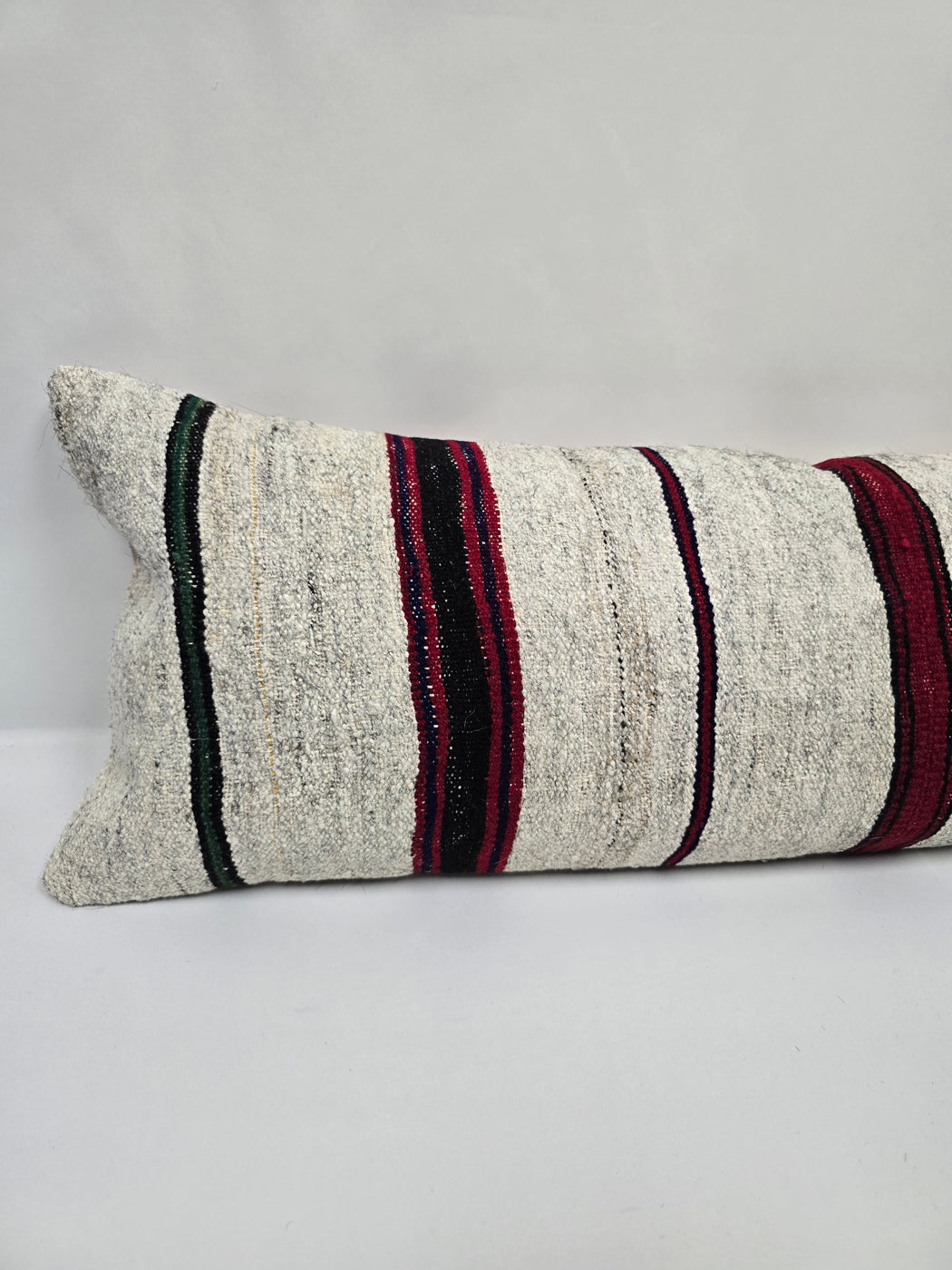 Turkish Lumbar Rug Pillow Cream Burgundy Green Cushion Cover Hemp Pillow 14" x 40" #9466
