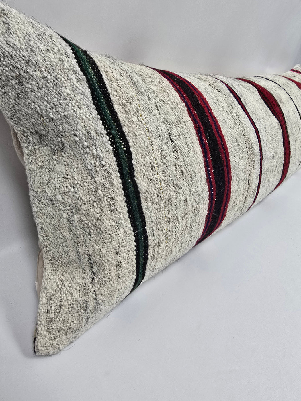 Turkish Lumbar Rug Pillow Cream Burgundy Green Cushion Cover Hemp Pillow 14" x 40" #9466