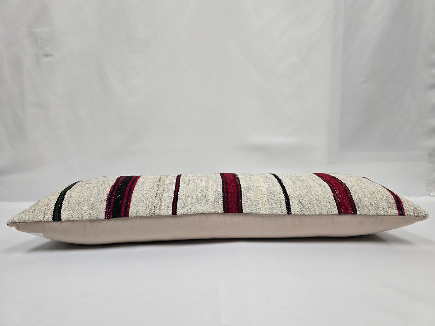 Turkish Lumbar Rug Pillow Cream Burgundy Green Cushion Cover Hemp Pillow 14" x 40" #9466