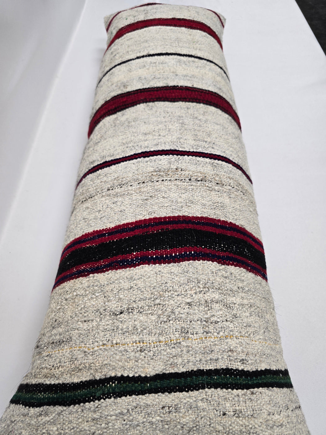 Turkish Lumbar Rug Pillow Cream Burgundy Green Cushion Cover Hemp Pillow 14" x 40" #9466