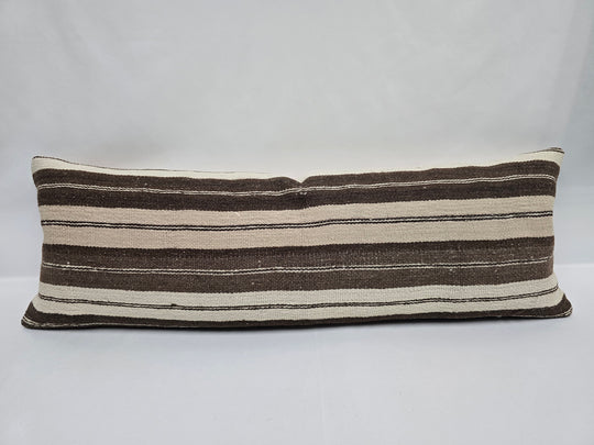 Turkish Lumbar Rug Pillow Cream Brown Cushion Cover Hemp Pillow 14" x 40" #9465
