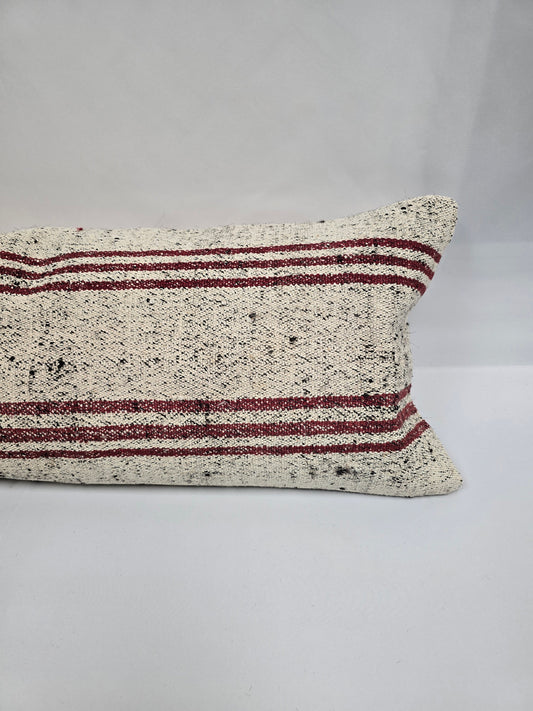 Turkish Lumbar Rug Pillow Cream Red Black Cushion Cover Hemp Pillow 14" x 40" #9496