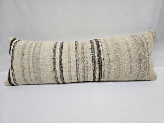 Turkish Lumbar Rug Pillow Cream Brown Gray Cushion Cover Hemp Pillow 14" x 40" #9519