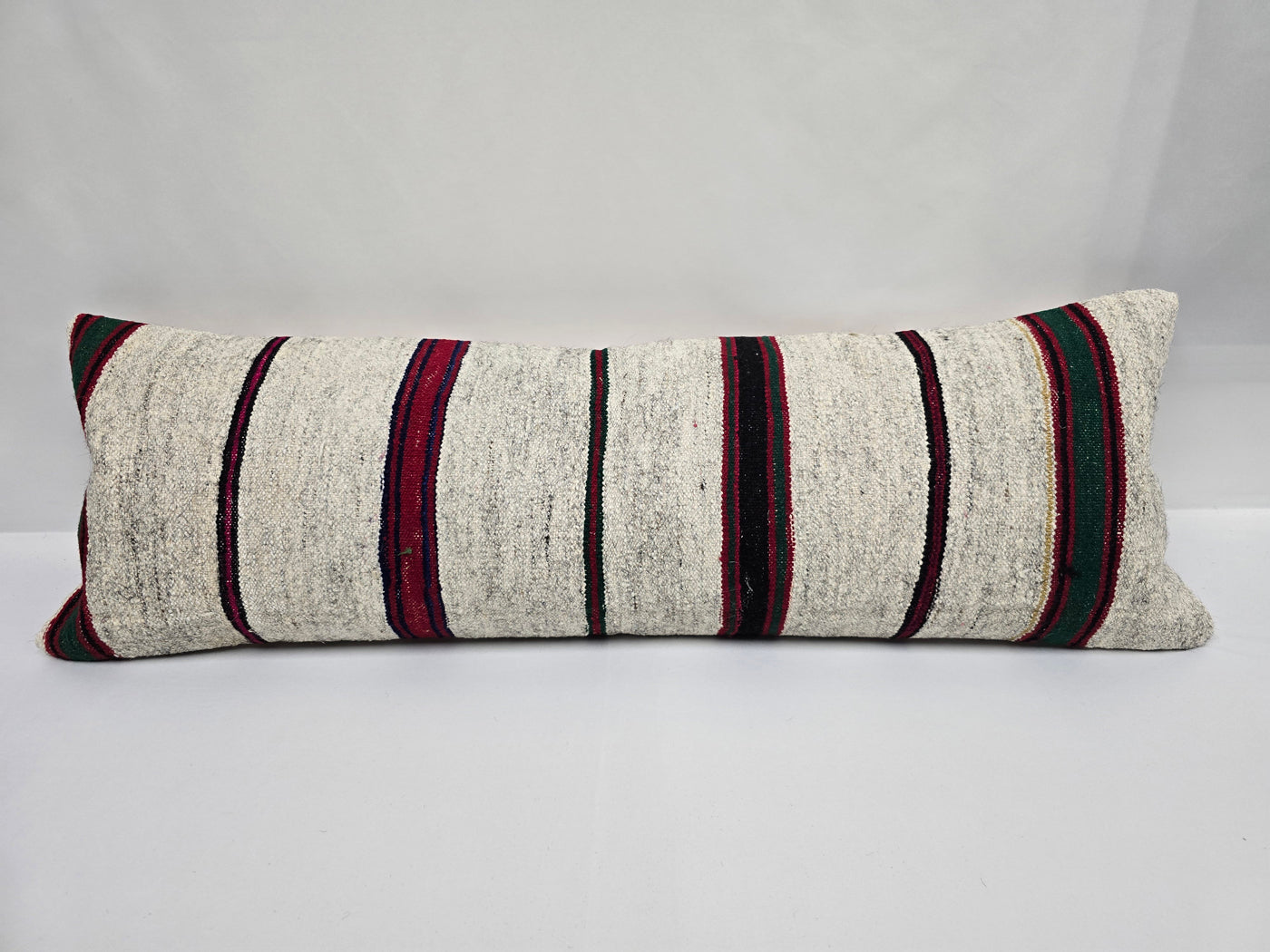 Turkish Lumbar Rug Pillow Cream Burgundy Black Cushion Cover Hemp Pillow 14" x 40" #9446