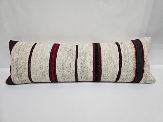 Turkish Lumbar Rug Pillow Cream Burgundy Black Cushion Cover Hemp Pillow 14" x 40" #9446