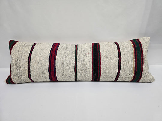 Turkish Lumbar Rug Pillow Cream Burgundy Black Cushion Cover Hemp Pillow 14" x 40" #9446