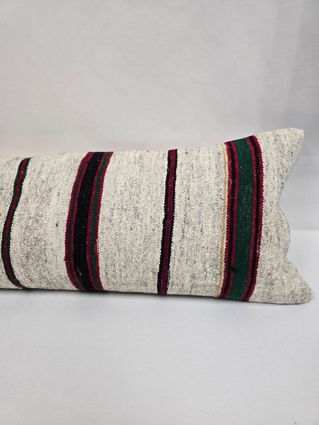 Turkish Lumbar Rug Pillow Cream Burgundy Black Cushion Cover Hemp Pillow 14" x 40" #9446