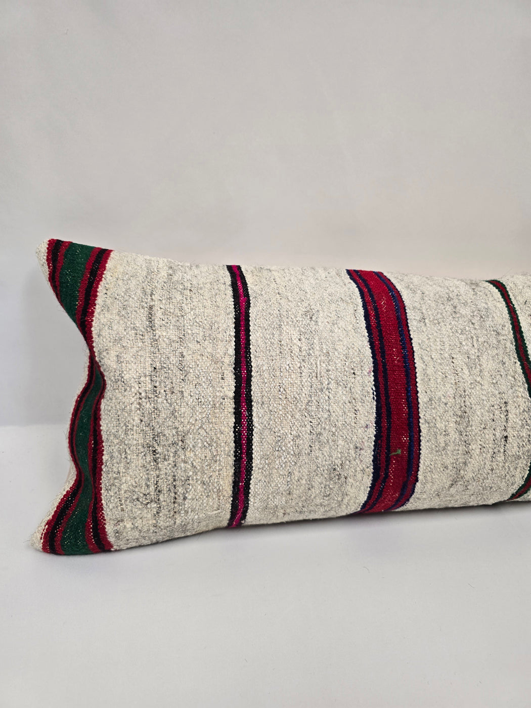 Turkish Lumbar Rug Pillow Cream Burgundy Black Cushion Cover Hemp Pillow 14" x 40" #9446