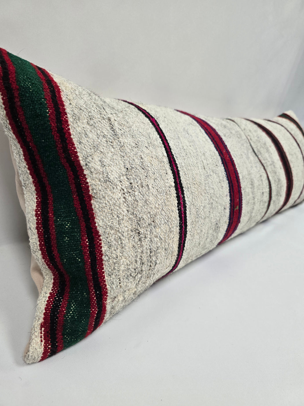 Turkish Lumbar Rug Pillow Cream Burgundy Black Cushion Cover Hemp Pillow 14" x 40" #9446