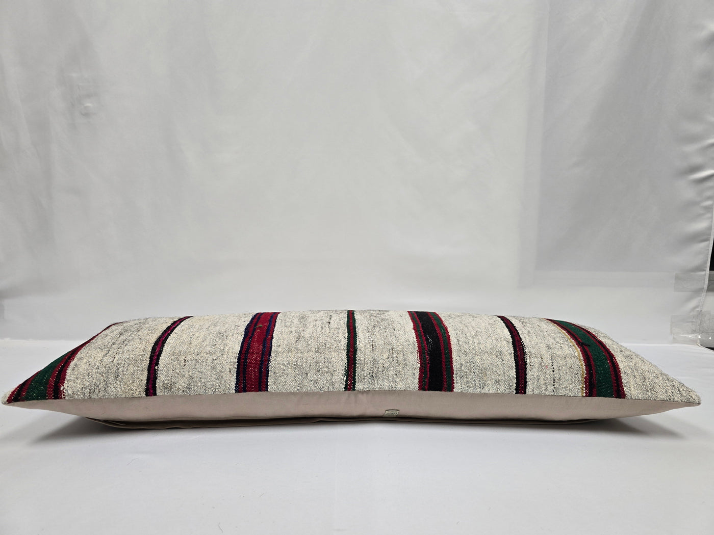 Turkish Lumbar Rug Pillow Cream Burgundy Black Cushion Cover Hemp Pillow 14" x 40" #9446