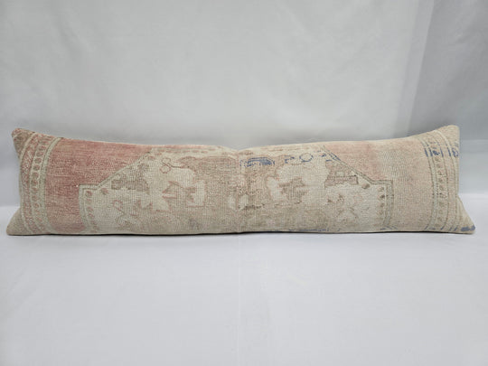 Turkish Lumbar Rug Pillow Pink Beige Blue Cushion Cover Pillow 12" x 48" #9527