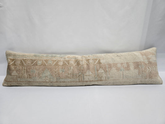 Turkish Lumbar Rug Pillow Beige Blue Tan Cushion Cover Pillow 12" x 48" #9526