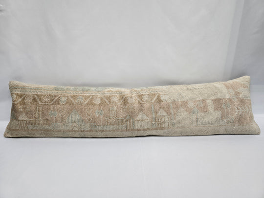 Turkish Lumbar Rug Pillow Beige Blue Tan Cushion Cover Pillow 12" x 48" #9526