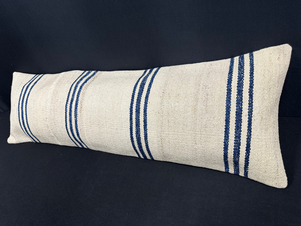 Turkish Hemp Pillow Cushion Natural Beige Blue Cushion Cover 14x45 #18043