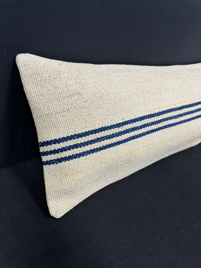 Turkish Hemp Pillow Cushion Natural Beige Blue Cushion Cover 14x45 #18001