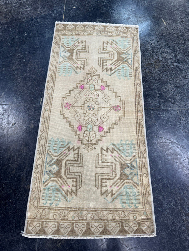 Turkish Mini Rug Oriental Hand Knotted Vintage Rug  1'8'' x  3'8'' #12200
