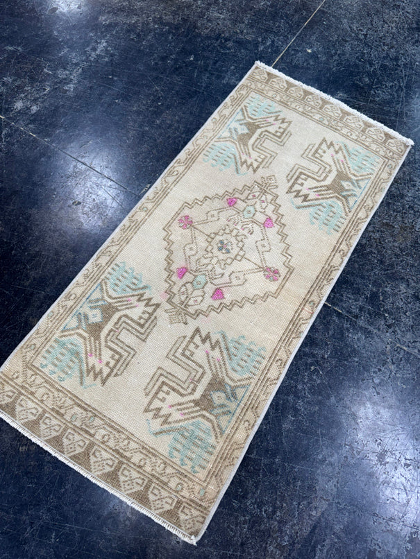 Turkish Mini Rug Oriental Hand Knotted Vintage Rug  1'8'' x  3'8'' #12200