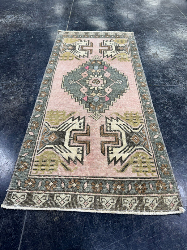 Turkish Mini Rug Oriental Hand Knotted Vintage Rug  1'8'' x  3'8'' #12184