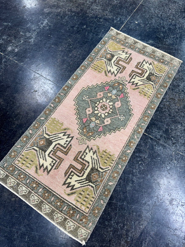 Turkish Mini Rug Oriental Hand Knotted Vintage Rug  1'8'' x  3'8'' #12184