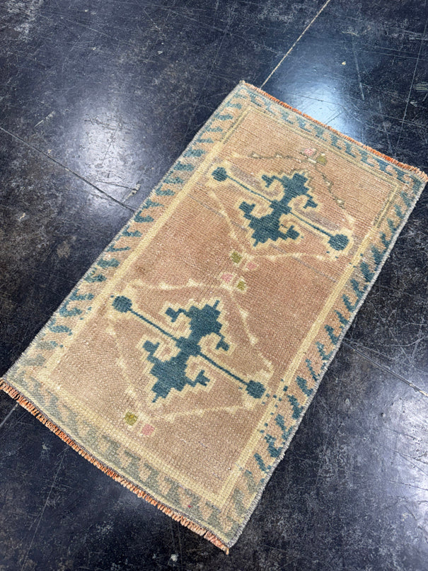 Turkish Mini Rug Oriental Hand Knotted Vintage Rug  1'2'' x  2' #12121