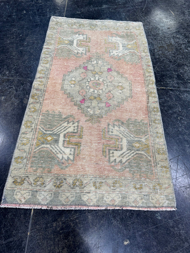 Turkish Mini Rug Oriental Hand Knotted Vintage Rug  1'8" x  3' #12038