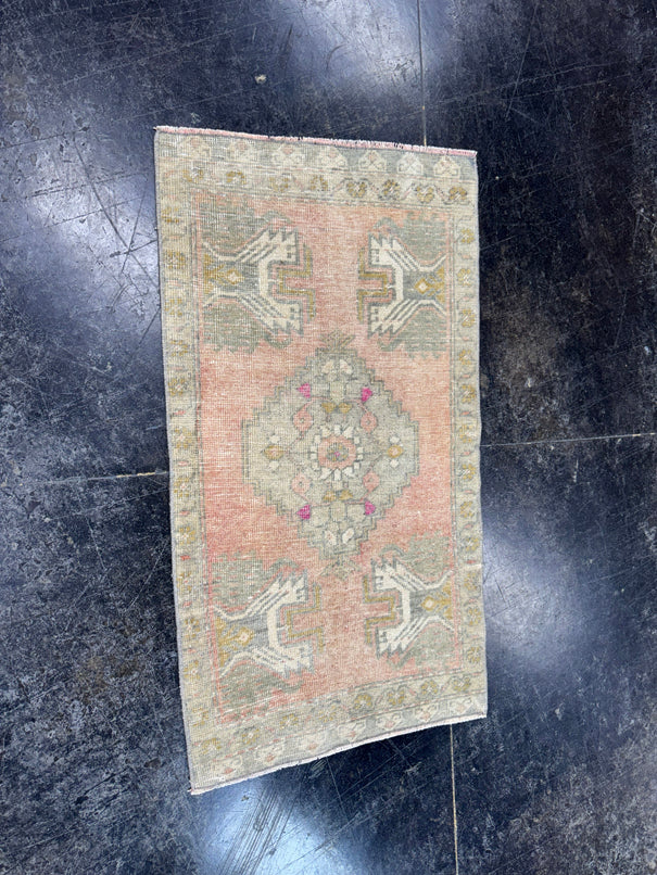 Turkish Mini Rug Oriental Hand Knotted Vintage Rug  1'8" x  3' #12038
