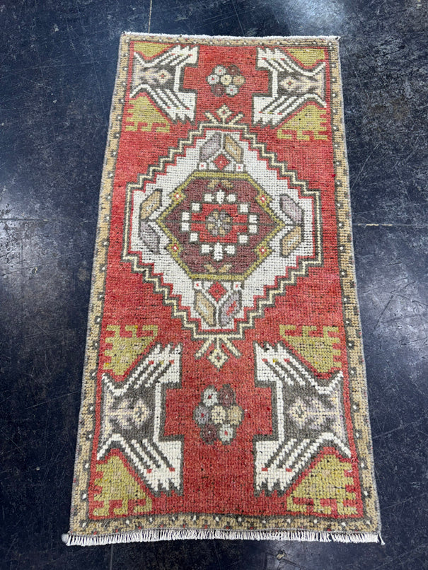 Turkish Mini Rug Oriental Hand Knotted Vintage Rug  1'7" x  3'2'' #12010