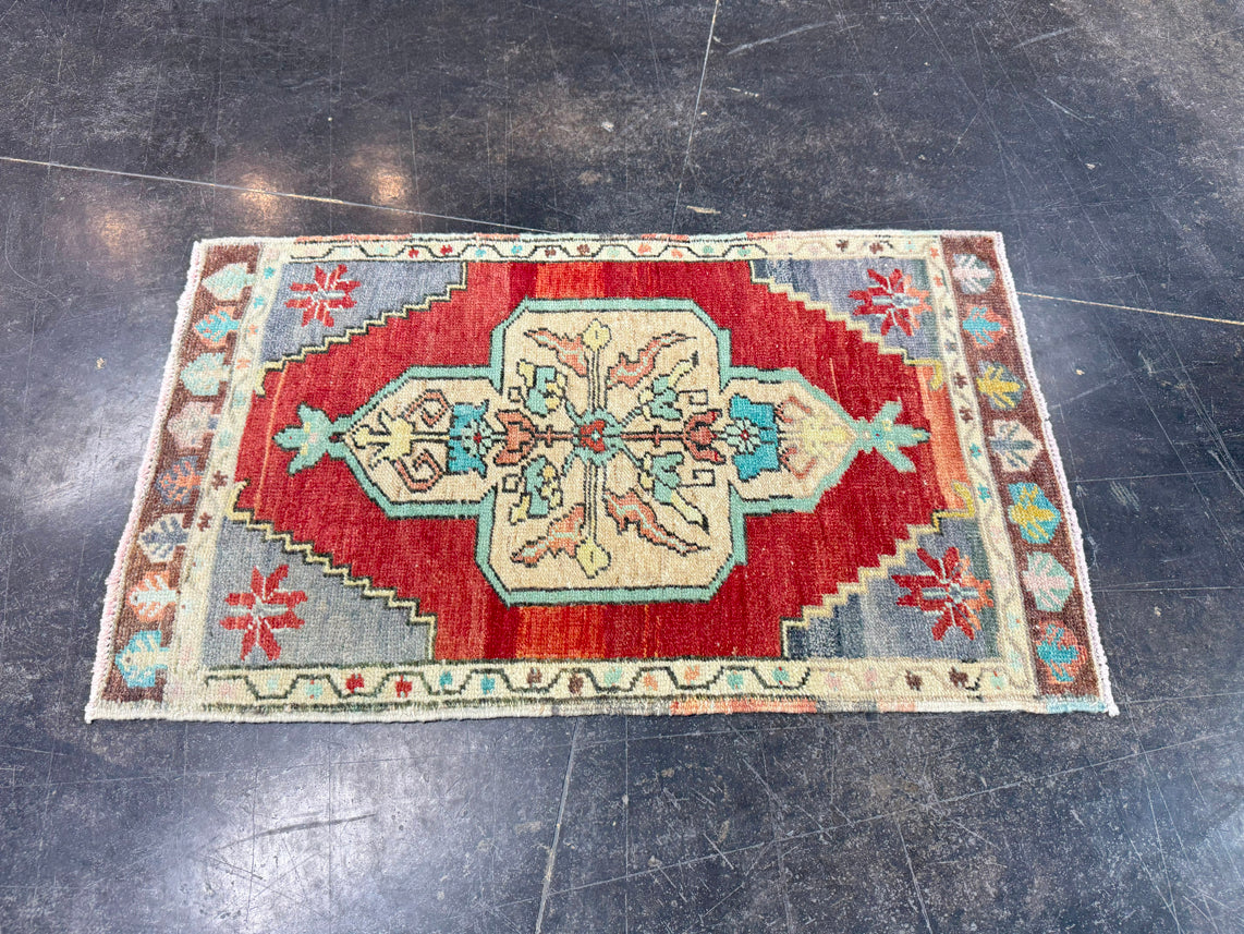 Turkish Mini Rug Oriental Hand Knotted Vintage Rug 1'9" x 2'11" #17485