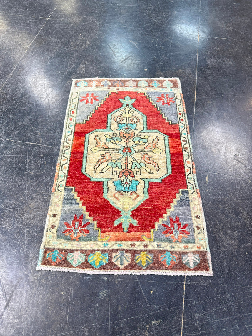 Turkish Mini Rug Oriental Hand Knotted Vintage Rug 1'9" x 2'11" #17485