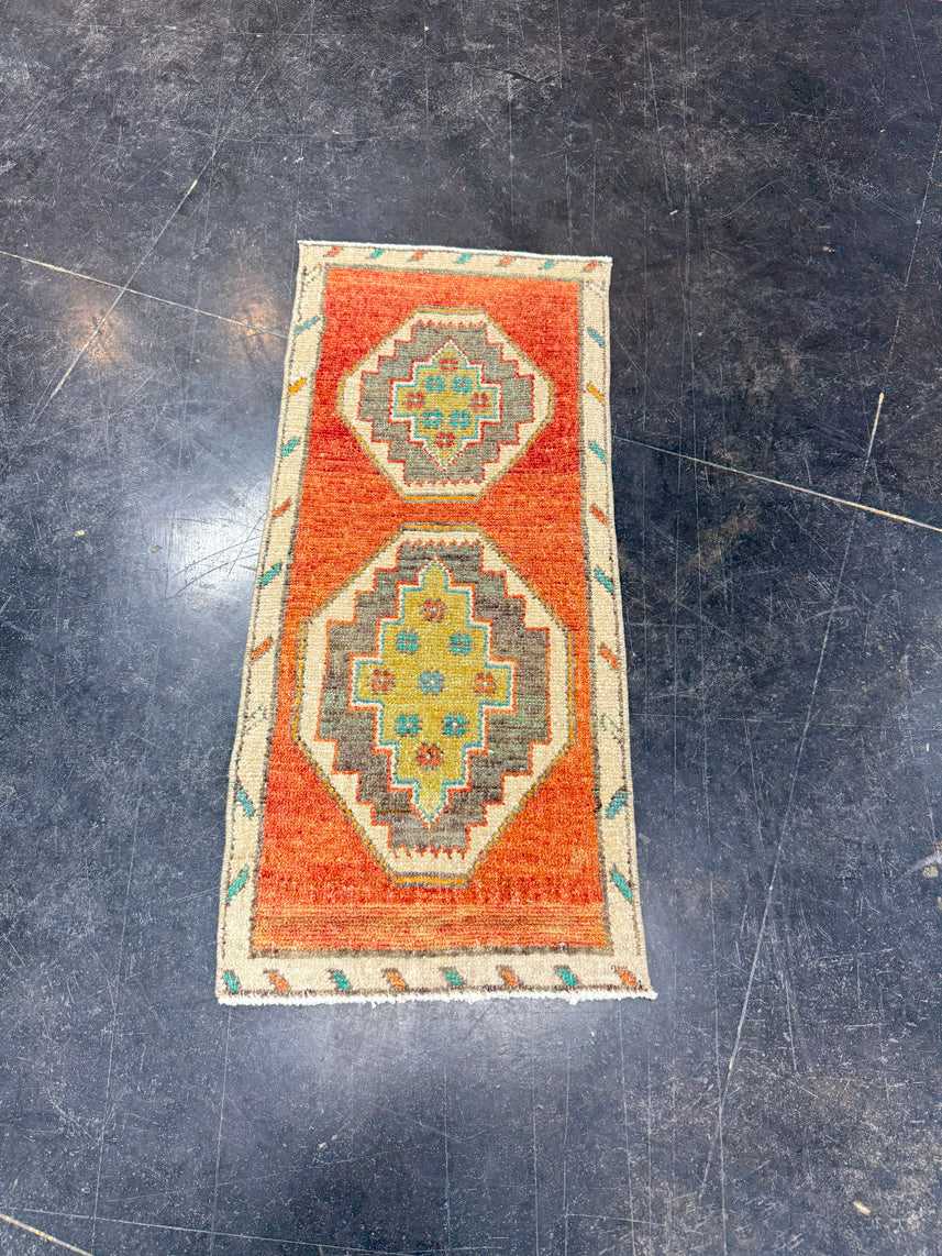 Turkish Mini Rug Oriental Hand Knotted Vintage Rug 1'4" x 2'11" #17049