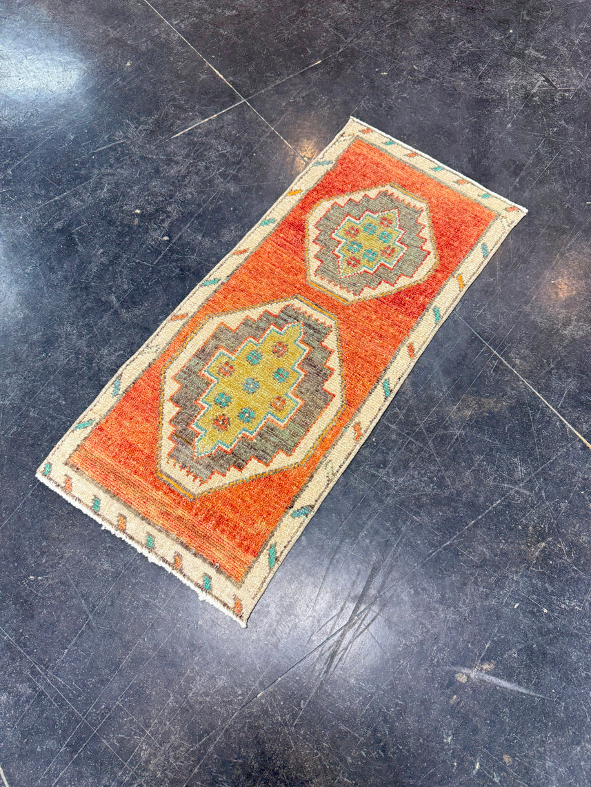 Turkish Mini Rug Oriental Hand Knotted Vintage Rug 1'4" x 2'11" #17049