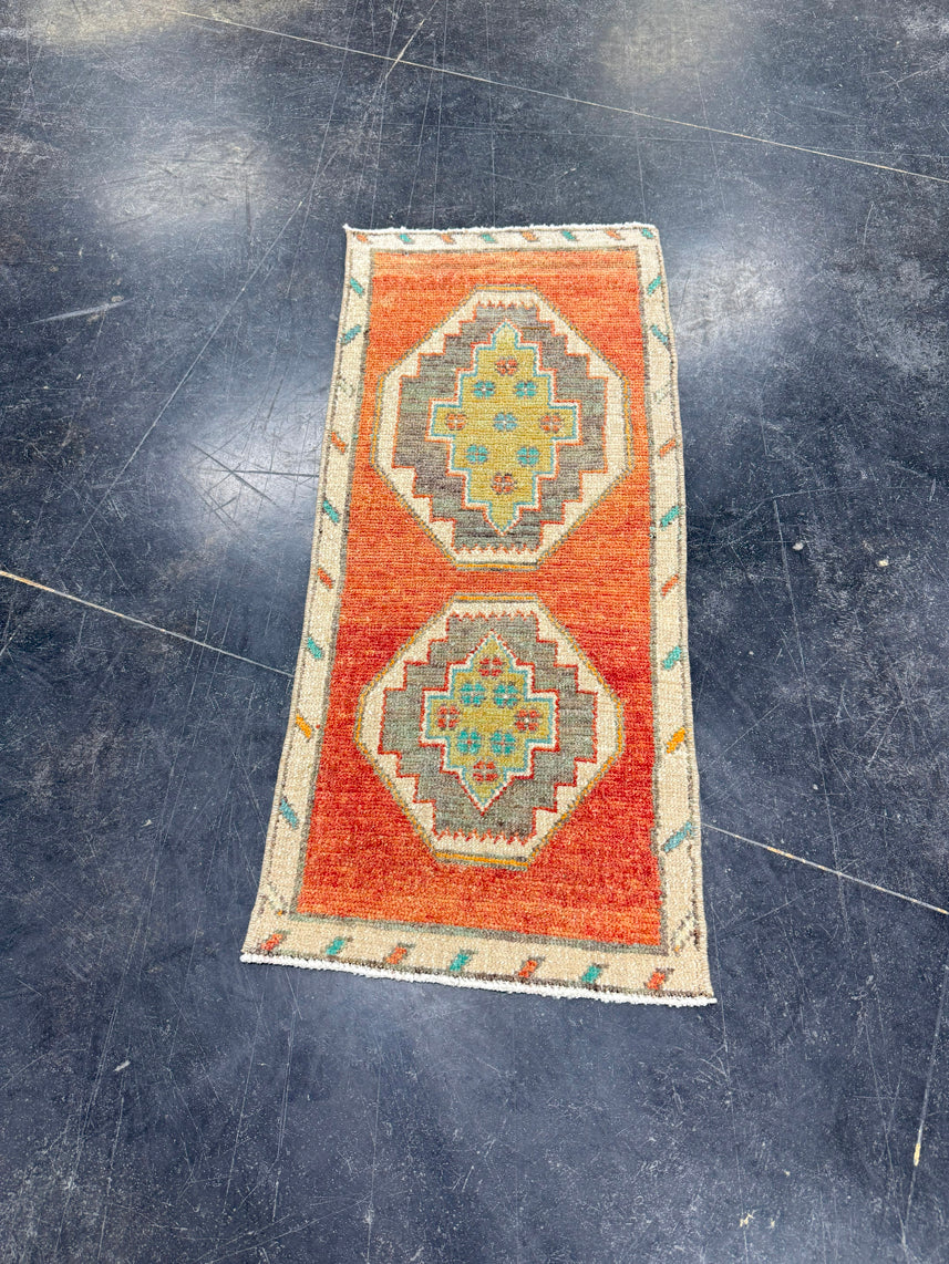 Turkish Mini Rug Oriental Hand Knotted Vintage Rug 1'4" x 2'11" #17049