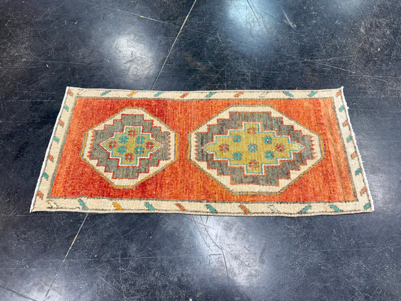 Turkish Mini Rug Oriental Hand Knotted Vintage Rug 1'4" x 2'11" #17049