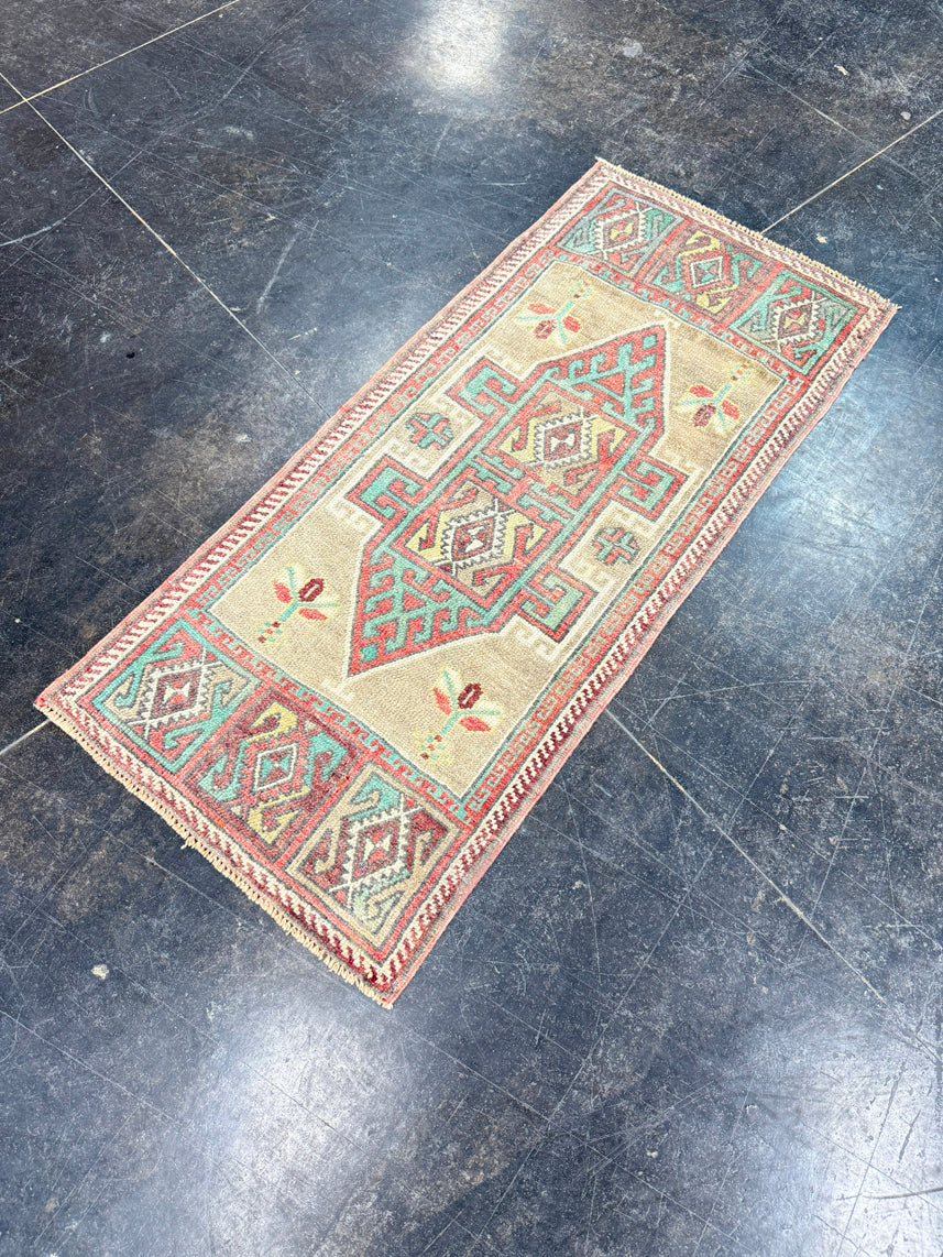 Turkish Mini Rug Oriental Hand Knotted Vintage Rug 1'7" x 3'7" #17889