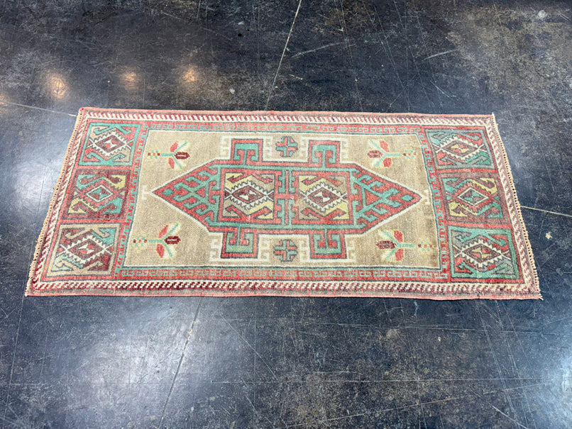 Turkish Mini Rug Oriental Hand Knotted Vintage Rug 1'7" x 3'7" #17889