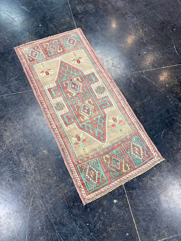 Turkish Mini Rug Oriental Hand Knotted Vintage Rug 1'7" x 3'7" #17889