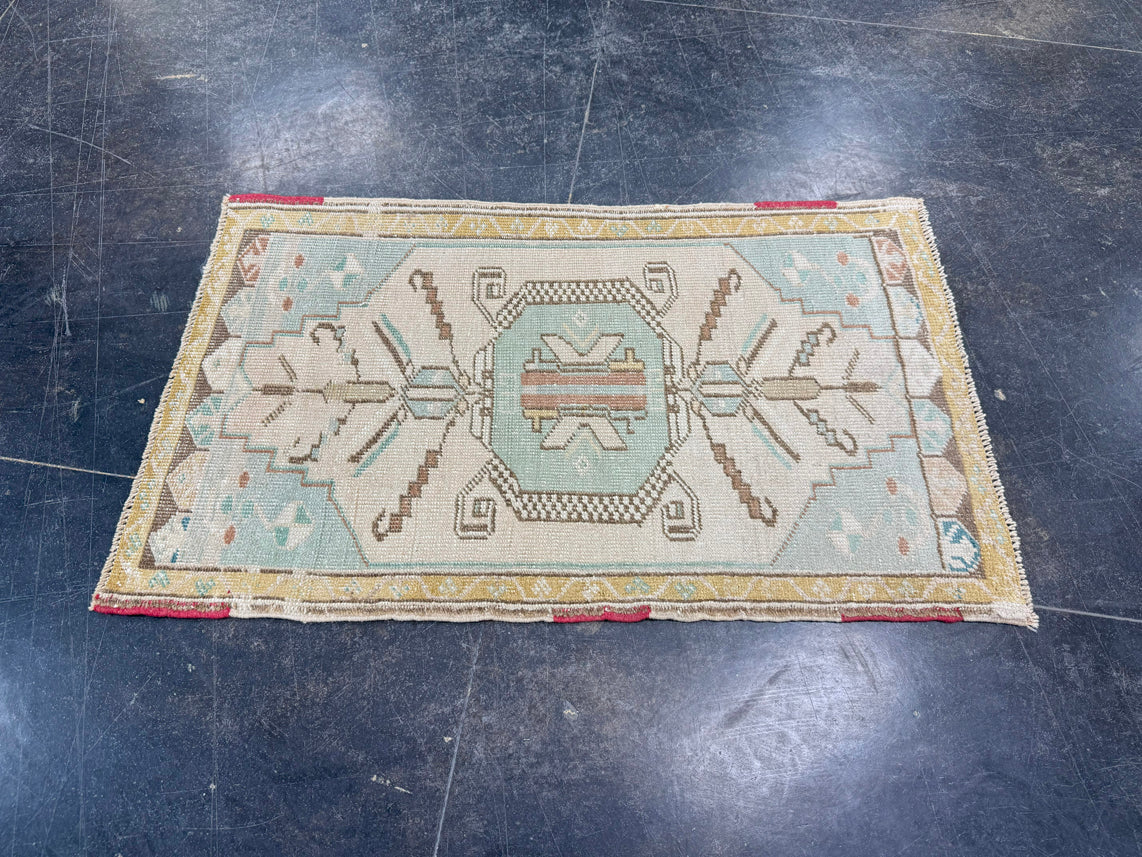 Turkish Mini Rug Oriental Hand Knotted Vintage Rug 1'10" x 3' #17941