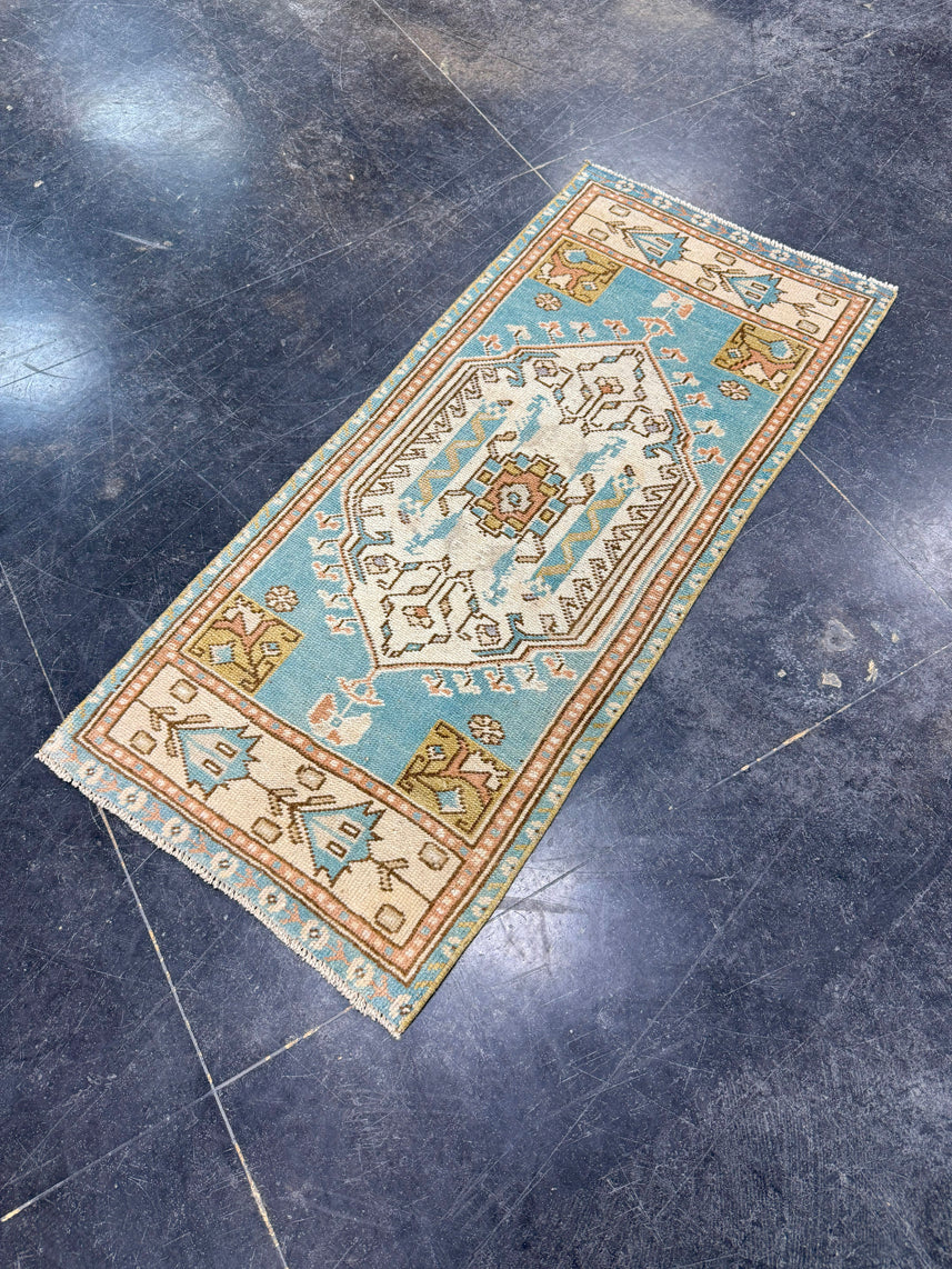 Turkish Mini Rug Oriental Hand Knotted Vintage Rug 1'7" x 3'8" #17904